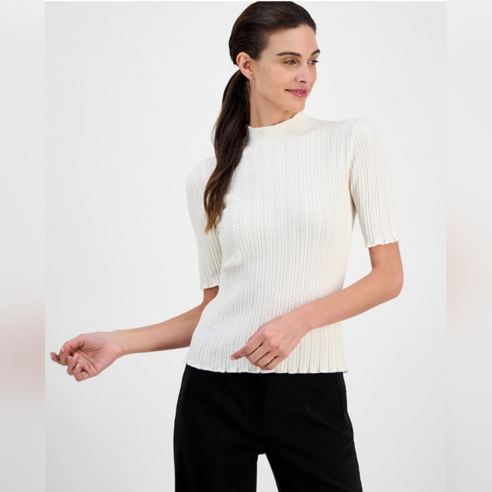 ANNE KLEIN WOMEN'S WHITE CABLE KNIT SWEATER SHORT SLEEVES NWT
